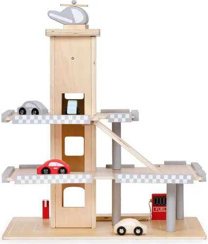 ECOTOYS Holzschienen-Garagenparkplatz mit Aufzug