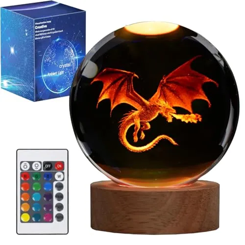 POSSHE Drachen-Nachtlicht, 3,15 Zoll (80mm) Kristallkugel 3D-Lampe mit Fernbedienung 16 Farbe für Geburtstag Weihnachten coole Figuren Drachen Geschenke für Zimmer Dekoration Jungen Mädchen
