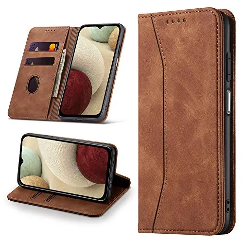 Leaisan Handyhülle für Samsung Galaxy A12 Hülle Premium Leder Flip Klappbare Stoßfeste Magnetische [Standfunktion] [Kartenfächern] Schutzhülle für Samsung Galaxy A12 Tasche - Braun