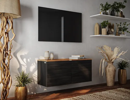 PLATAN ROOM Lowboard TV-Schrank 90/180 cm - Modernes Design in Eiche Schwarz - Vielseitiges TV Lowboard, wahlweise hängend oder stehend. Mit elegantem Eichenfinish und praktischen Push-to-Open Türen für einfachen Zugang. Ideal für Wohnzimmer, Arbeitszimmer oder Flur.