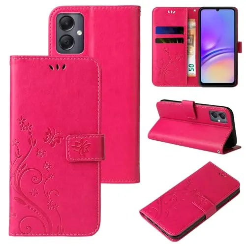 LBH Handy Hülle für Samsung Galaxy A05 Case Handytasche Schmetterling Blumen Flower Standfunktion Schutzhülle Magnet Rundum Schutz 360 Grad Flipcase Cover Pink