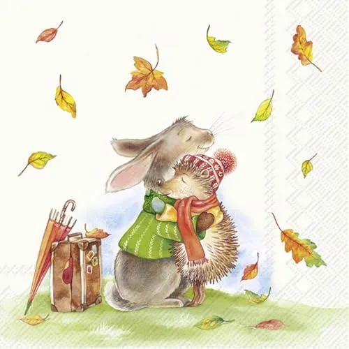Servietten Best Friends forever Hase Igel Umarmung Schirm Blätter 33x33cm 20