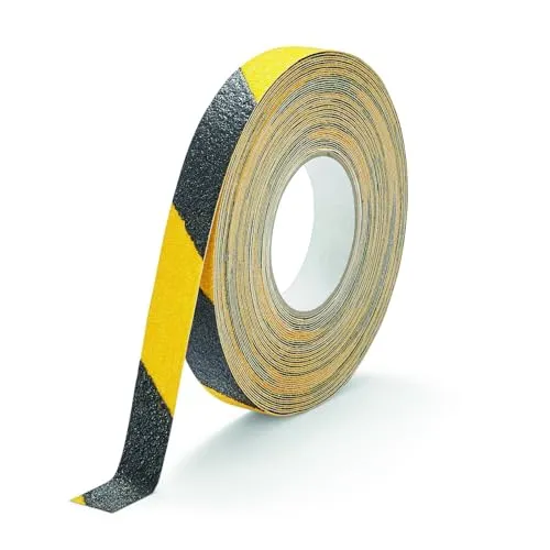 Durable Antirutschband DURALINE GRIP+ 25 mm x 15 m - Sicherheitswarnband in gelb/schwarz für Treppen und Rampen, bietet dauerhafte Rutschhemmung durch grobes Granulat, ideal für Innen- und geschützten Außenbereich.