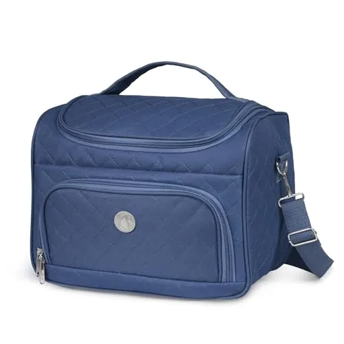 KINSTON Kulturbeutel Kosmetiktasche (Beauty Case) mit abnehmbaren Trennwänden, große Kapazität, zum Aufhängen, Fächer, Tragegriff & Schultergurt – Reise-Organizer für Bad & Koffer - Dunkelblau