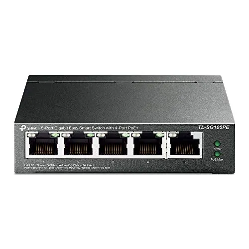 TP-Link TL-SG105PE - 5-Port Gigabit Managed LAN PoE Switch mit 4 PoE+ Ports, ideal für IP-Kameras und einfache Konfiguration