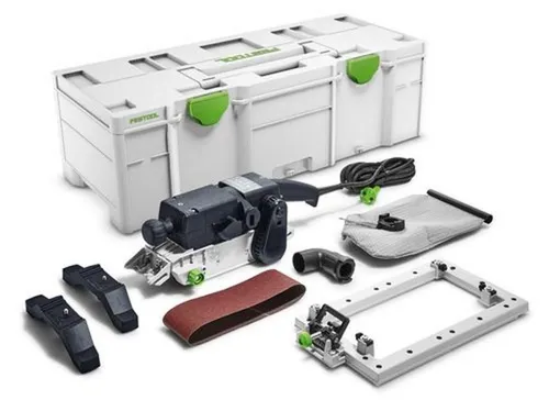 Festool Bandschleifer BS 75 E-Set - Schleifmaschine für präzise Grob- und Feinschliffarbeiten, die durch ihr Arbeitsprinzip keine Schleifkringel hinterlässt und ideal für hochwertige Oberflächen ist.