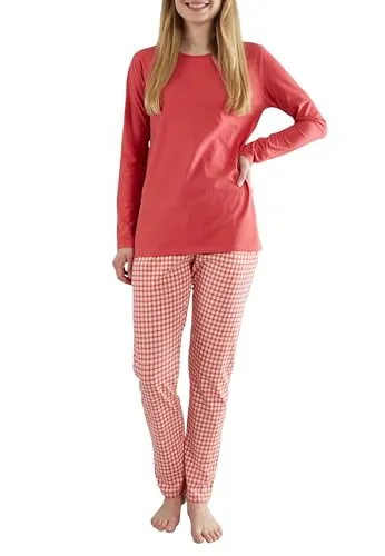 Götzburg Damen Schlafanzug Langarm - 100% Baumwolle, Pyjama-Set mit Karierter Pyjamahose 44