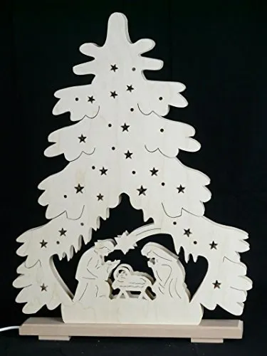 Rudolphs Schatzkiste Schwibbogen mit Tanne mit Christi Geburt und Beleuchtung BxHxT 44x51x7cm NEU Lichterbogen Fensterbogen Spitzbogen Erzgebirge Seiffen Weihnachten Licht Holz Dekoration Beleuchtung