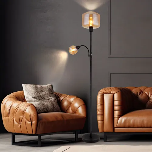 Stylische Stehlampe mit Flexo-Spot und Amber-Glas - Stehleuchte für Wohnzimmer und Schlafzimmer, mit getrennt schaltbarem Flexo-Spot, elegantes Design aus Metall und Glas in schwarz und amber, ideal für individuelle Lichtgestaltung.
