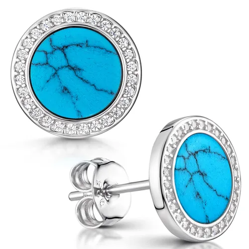 Materia Türkis Ohrstecker rund Damen - Elegante Ohrringe aus Silber 925 - Ohrringe für Damen aus 925 Sterling Silber, rhodiniert gegen Anlaufen. Besetzt mit Edelstein und Zirkonia, ideal für jeden Anlass. Lieferung in edler Schmuckbox, perfekt als Geschenk.