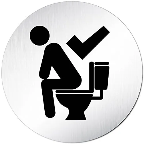 Türschilder24 XXL Türschild • Ø 100 mm • Toilettenschild Bitte im Sitzen pinkeln/Nicht im Stehen pinkeln • aus Aluminium Vollmaterial • geschliffene Edelstahloptik • 100% Made in Germany