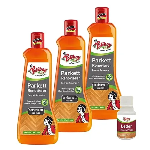 POLIBOY Parkett Renovierer Seidenmatt - 3x500ml Bodenaufbereiter - Bodenreiniger für Parkett mit Schutz- und Glanzeffekt, lösemittelfrei und ideal für Schlaf- und Kinderzimmer. Frischt auf und schützt vor Schmutz und Kratzern.