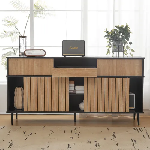 MERAX Sideboard mit 4 Schiebetüren und 1 Schublade im Industriestil - Elegantes Sideboard in Eichen- und Schwarz-Design mit viel Stauraum. Praktische Schiebetüren und verstellbare Einlegeböden sorgen für Ordnung und flexibles Verstauen. Ideal für kleinere Räume.