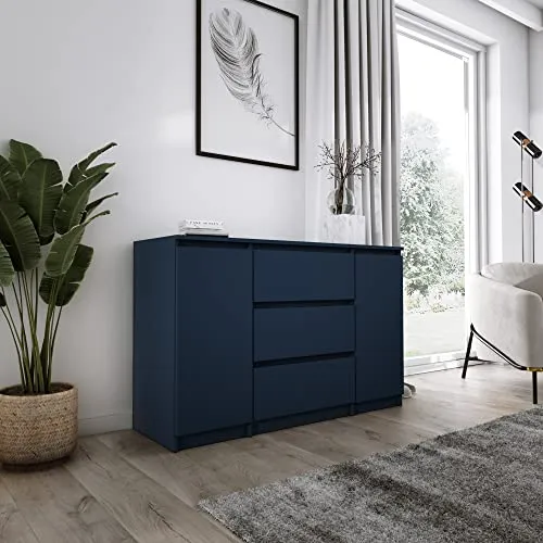 3E 3xE living.com Kommode in Marineblau - Kommode mit 2 Türen und 3 Schubladen, ideal für aufgeräumte Wohnräume. Hergestellt aus hochwertigen Materialien für Langlebigkeit und vielseitig einsetzbar in jedem Raum.