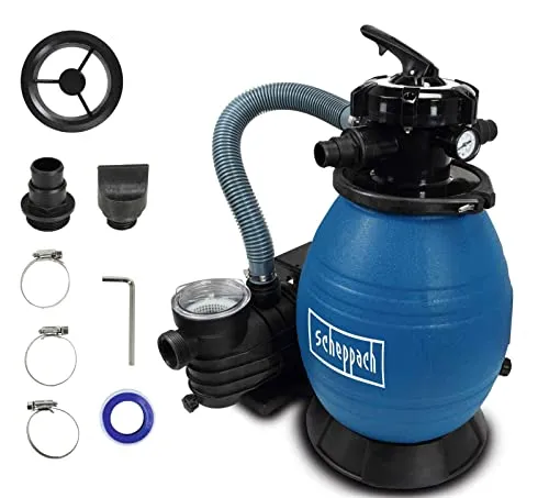 Scheppach Poolsandfilteranlage PSFA26 - 26 Liter Filtertank mit 400 Watt - Teichfilter mit Mehrwegeventil für effizientes Filtern, Rückspülen und mehr. 400 Watt Pumpe mit 13800 L/h für klares Wasser, ideal für Pools bis 43 °C.