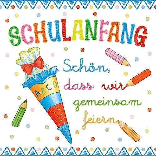Servietten Einschulung Junge blau pastell als Tischdeko Deko Schuleinführung Schule mit Zuckertüte und ABC. Deko Schulanfang Jungen Schulkind 2025 mit Spruch 33x33cm 20