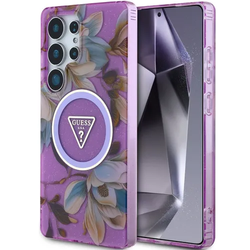 Guess Glitter Flowers Triangle Buttons MagSafe Hülle für Samsung Galaxy S25 Ultra – Lila