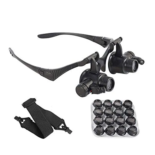 Lupenbrille Kopfband Lupen mit Licht für Juwelieruhr Uhrmacher Reparatur und Bastler - 8 Paar austauschbare Linsen: 2,5x/4x/6x/8x/10x/15x/20x/25x