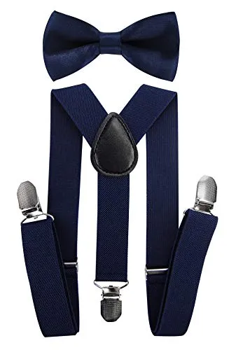 axy Hochwertige Kinder Hosenträger-Y Form mit Fliege- 3 Clips EXTRA STARK-Uni Farben (Schwarzblau)