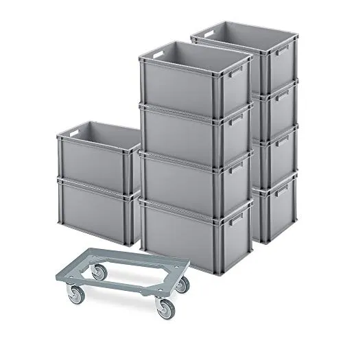 BRB-Lagertechnik Stapelbox 10er SPAR-Set mit Transportroller - Stapelboxen Set mit 10 Euro-Behältern 600x400x320 mm und GRATIS Transportroller. Ideal für Lagerung und Transport, robust und leicht zu reinigen.