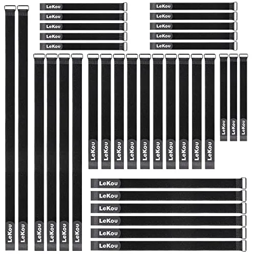 Lekou 35 Stück Kabelgurte, 20,3 cm - 30,5 cm - 45,7 cm - 61 cm - 76,2 cm wiederverwendbare Kabelbinder, Klettverschlüsse mit Metallschnalle, Befestigungsgurte für Kabel-Organizer, Drahtmanagement