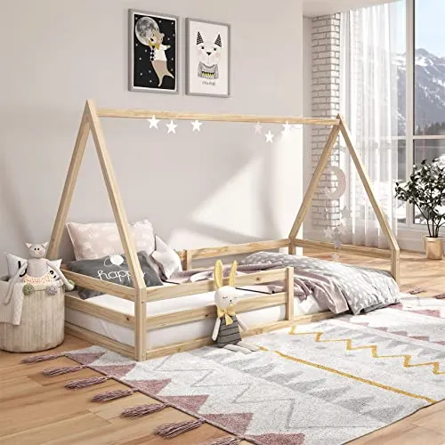 IDIMEX Hausbett SILA aus massiver Kiefer - Kleinkindbett mit Rausfallschutz und kreativem Dach, ideal als Spielbett und Kuscheloase für Ihr Kinderzimmer.