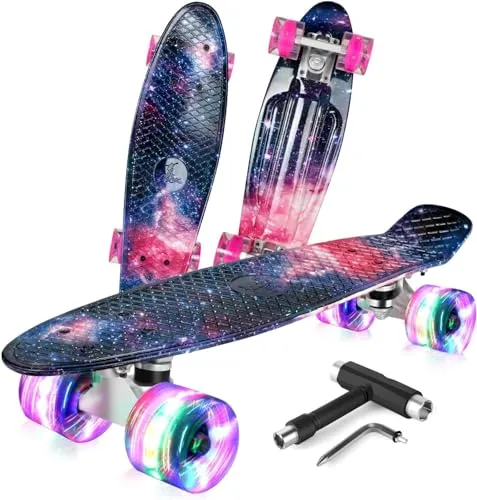 BELEEV Kinder Skateboard 22 Zoll mit LED Leuchtrollen - Cruiserboard für Kinder, Jugendliche und Erwachsene mit leuchtenden Rädern für zusätzlichen Fahrspaß und einem All-in-one Skate T-Tool für einfache Anpassungen.