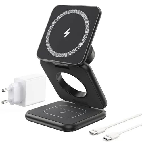 KU XIU X40 Induktive Ladestation 3 in 1 – Magnetisches Kabelloses Ladegerät, Faltbares Reiseladegerät für iPhone Serie 17–12/Air, 5W für iWatch Serie 11–4/Ultra/SE und Kabellose Kopfhörer – Schwarz