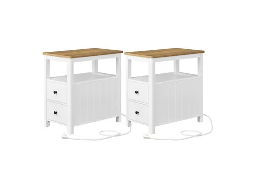 VASAGLE Beistelltisch (2-St), Nachttisch mit Steckdosenleiste, 2 Schubladen, 60 x 35 x 61 cm