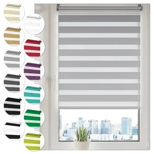 Doppelrollo Klemmfix ohne Bohren 75cm x 100cm Grau Duo Rollo Klemmrollo Sonnenschutzrollo Fensterrollo für Fenster & Türen Zebrarollo Seitenzugrollo