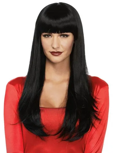 Lange Damen Perücke mit Pony - Glatt in Schwarz - Hochwertige 100% Olefin Perücke für Damen, ideal für Partys, mit einem stilvollen Pony für einen trendigen Look.