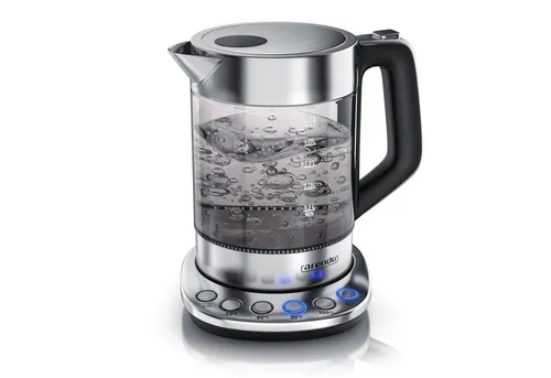 Arendo Wasserkocher aus Glas & Edelstahl mit Temperatureinstellung - Wasserkocher aus Borosilikatglas, 1,5 l Fassungsvermögen, 2200 W Leistung, mit Warmhaltefunktion und Temperatureinstellung von 70° - 100° C für individuellen Genuss.