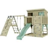 OutdoorToys Spielturm - Schaukel aus Holz, mintgrün, für Kinder ab 3 Jahren, ideal für den Garten und fördert die motorischen Fähigkeiten.