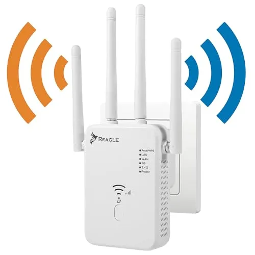 Reagle WiFi Repeater - Dual Band 1200 Mbps mit 4 Antennen - WLAN-Repeater mit bis zu 1200 Mbps für schnelles Streaming und Surfen. Drei Betriebsmodi und vier Antennen sorgen für optimale Abdeckung und einfache, sichere Installation.