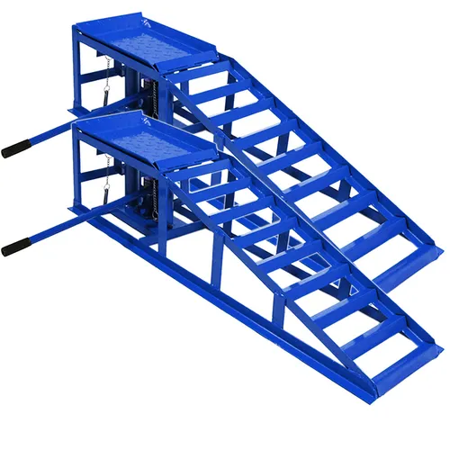 Auffahrrampe hydraulisch höhenverstellbar PKW 2x blau - Auffahrrampe mit hydraulischer Höhenverstellung, Tragkraft von 2t pro Stück, ideal für sicheres Anheben von Fahrzeugen.