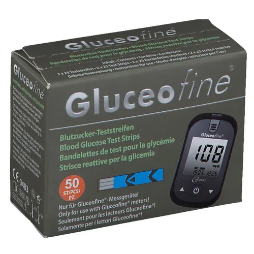 Gluceofine Blutzucker-Teststreifen 50 St - Blutzuckermessgeräte - 50 rezeptfreie Teststreifen für eine präzise Blutzuckermessung, ideal für Diabetiker und Gesundheitsbewusste.