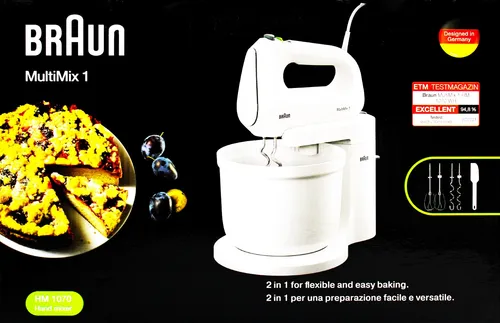 Braun Handmixer-Set MultiMix1 HM1070WH 400W - Handmixer mit 400W Automatikantrieb und 3L Schüssel, ideal für müheloses Mixen und Backen in der Küche.