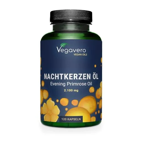 Nachtkerzenöl Kapseln hochdosiert | Ohne Gelatine oder Zusatzstoffe | 2100 mg Tagesdosis | 11% GLA (Omega 6) | Laborgeprüft | 120 Stück | Deutsche Produktion Vegavero