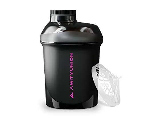 AMITYUNION Kleiner Protein Shaker 400 ml Schwarz Lila Deluxe - ORIGINAL Eiweiß Shaker auslaufsicher für Eiweißdrinks Protein Shakes und Diät - mit Schraubverschluss Sieb - BPA-frei - Made in Europe