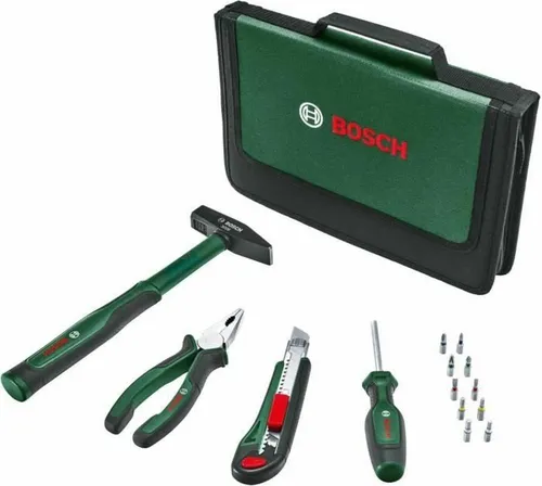 Bosch Easy Starter Handwerkzeug-Set 14-teilig - 14-teiliges Heimwerker-Set mit Kombizange, Schraubendreher, Cuttermesser und Hammer. Hochwertige Materialien, ergonomisches Design und praktische Reißverschluss-Stofftasche für einfache Aufbewahrung.