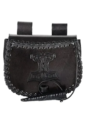 Battle-Merchant Gürteltasche mit Thorshammer Prägung - Hochwertige Gürteltasche aus edlem Rindsleder mit Mjölnir-Prägung. Ideal für Festivals, Mittelaltermärkte und Freizeit. Praktisch mit stabilen Gürtellaschen für sicheres Tragen.