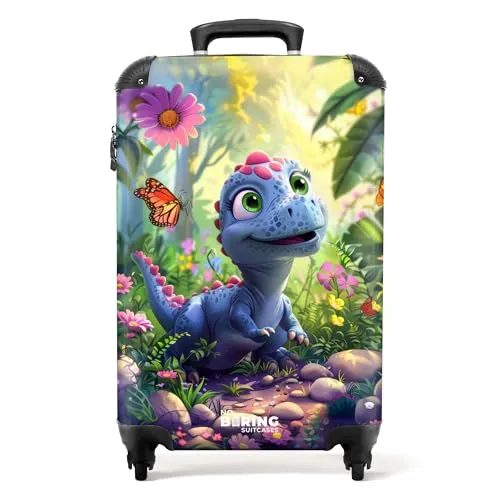 NoBoringSuitcases.com Kinderkoffer (Dino - Blau-Rosa) - Kindergepäck mit den Maßen 55x40x20 cm, leicht und ideal für Reisen. Der robuste Koffer bietet Sicherheit durch ein integriertes Zahlenschloss und ist umweltfreundlich sowie langlebig.