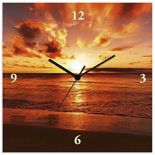 ARTLAND Wanduhr ohne Tickgeräusche Alu Funkuhr 30x30 cm Quadratisch LautlosStrand Meer Sonnenuntergang Natur Sonne T5MR