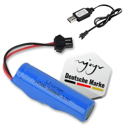 Akku 3.7V 800mAh Li-Ion SM-2P, 5cm Ersatzakku inkl. USB-Ladekabel, wiederafladbare Batterie, RC Auto, Truck, Boot, Panzer, Quadcopter, Bagger, Helikopter, Kettenfahrzeug, Spielzeug, 1S Lithium 14500