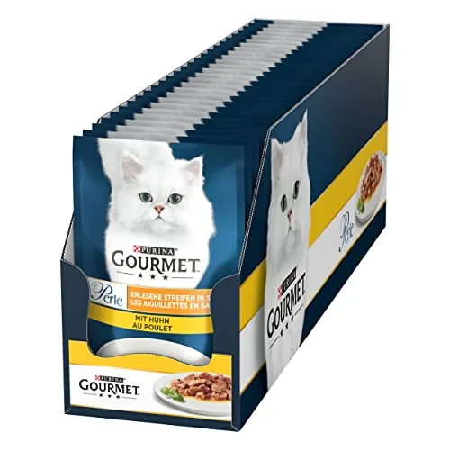 Gourmet Perle Erlesene Streifen Katzenfutter mit Huhn, 26er Pack - Beutelfutter für Katzen, zarte Hühnerstreifen in delikater Sauce, ohne künstliche Zusatzstoffe, ideal für die tägliche Ernährung Ihrer Katze.