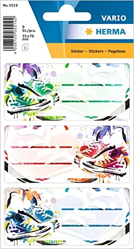 HERMA 5519 Buchetiketten zum Beschriften, Chucks (76 x 35 mm, 9 Namensaufkleber, Papier, matt) selbstklebend, permanent haftende Schuletiketten für Bücher, Hefte, Boxen, Haushalt, bunt