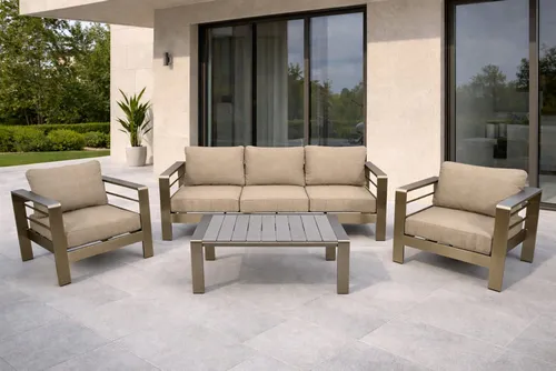 DEGAMO Lounge Set Cannes - Exklusives 4-teiliges Set aus Aluminium und Kunstholz - Unterhaltungssets für die Terrasse, wetterfestes Design mit wasserabweisenden Kissen für maximalen Komfort und Langlebigkeit.
