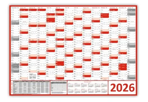 XXL Wandkalender DIN A0 2026 (rot) - Großer Wandkalender im Format DIN A0, ideal für die Planung über 14 Monate. Inklusive deutscher Feiertage, perfekt für die Organisation von Terminen und Aktivitäten.