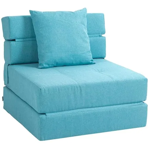 HOMCOM Schlafsessel klappbar, Schlafsofa, 2-in-1 Klappsessel mit Bettfunktion, Relaxsessel mit Kissen, Gästebett für Wohnzimmer, Schlafzimmer, bis 120 kg Belastbar, Blau