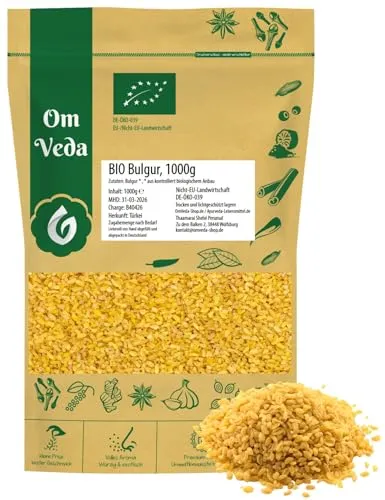 BIO Bulgur 1 kg | Aus Hartweizenschrot aus kontrolliert biologischem Anbau | Vielseitig für Pfannengerichte, Salate & Bratlinge | Schnell zubereitet | Vegan & Ballaststoffreich | OmVeda